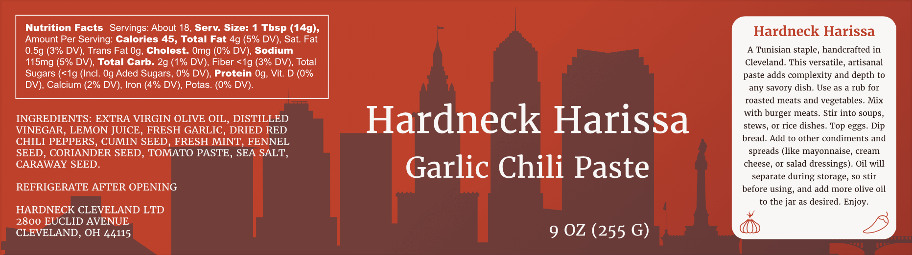 final jar label design for the hardneck harissa garlic chili paste